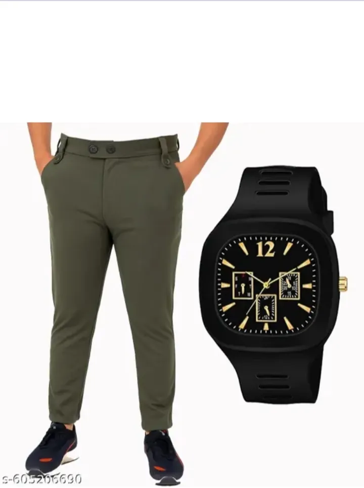 [S-605206690] Men's Low Pants Track Pants { Casual Wear Track Pants \ Gym and Running Track Pants. Yoga Track Pants Stylish Track Pants. Very Comfortable Slim Fit Track Pants 1 Pack Olive Color with Watch.