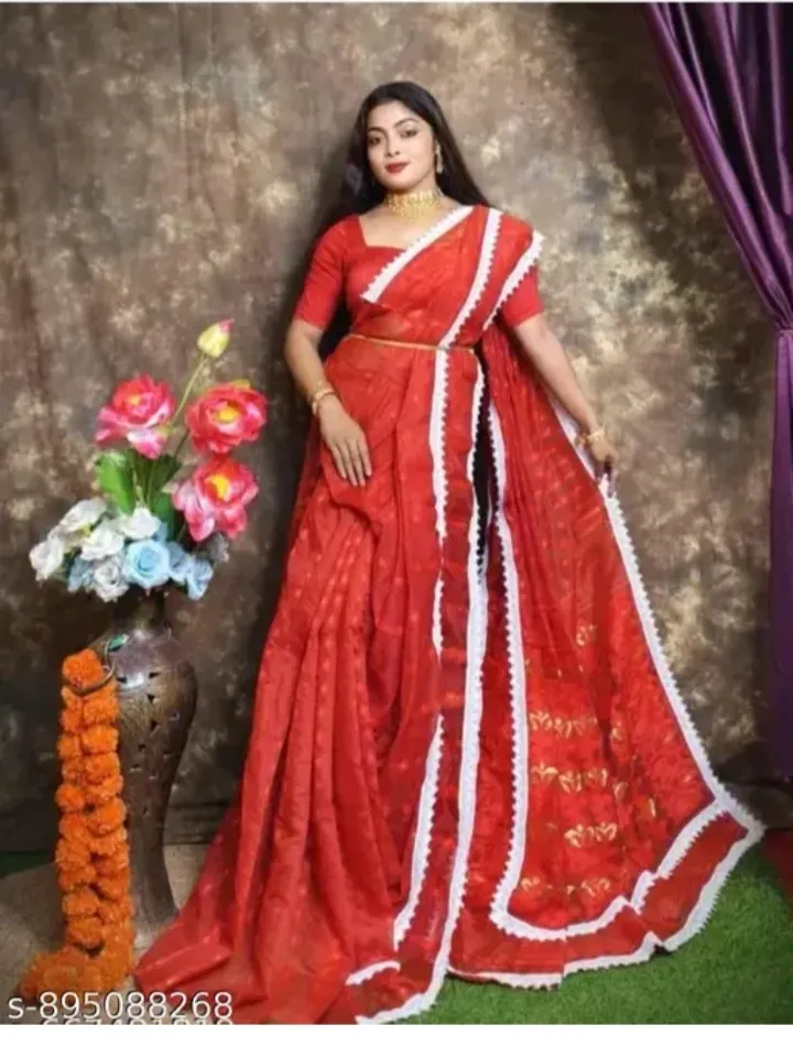 Traditional Bengali red saree with designer border s-895088268