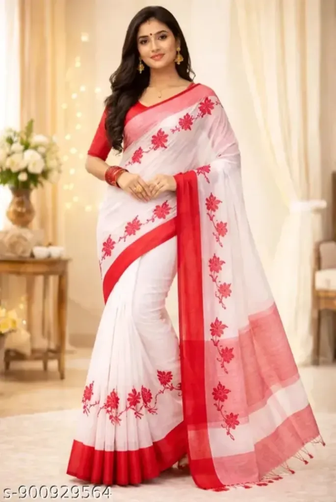 White cotton saree with red border and floral work | Light national wear s-900929564