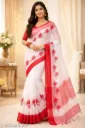 White cotton saree with red border and floral work | Light national wear s-900929564