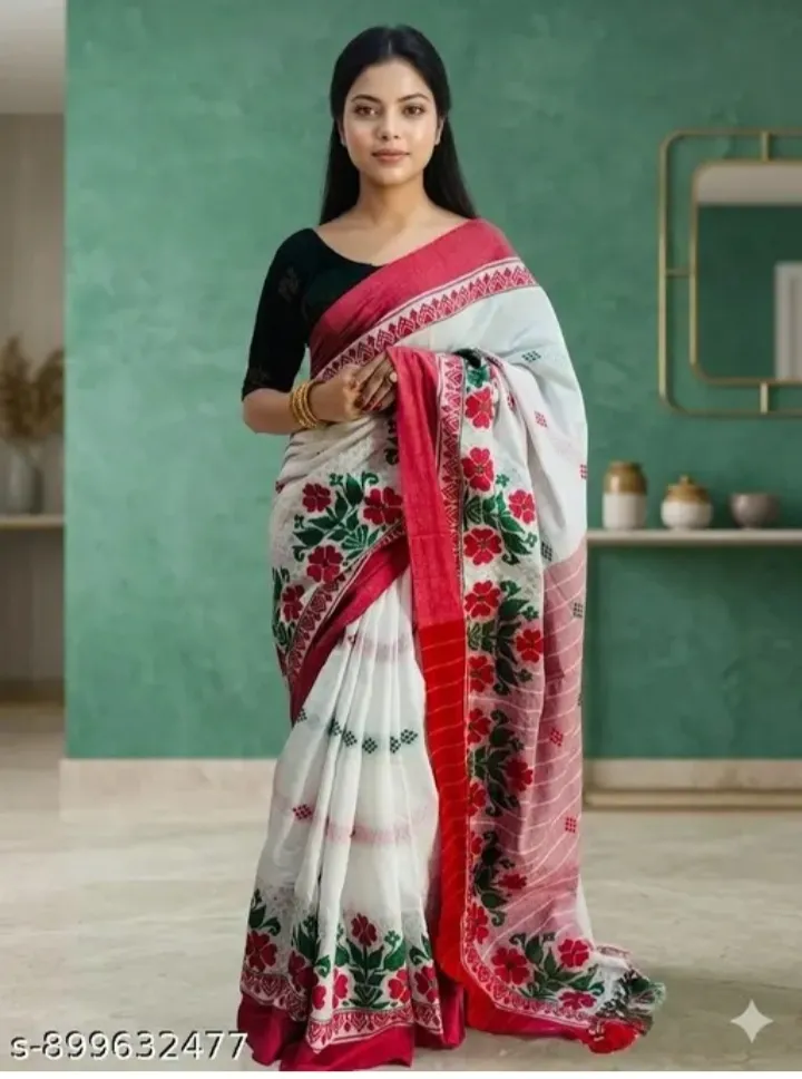 SHOPEEZY TEX FAB Khadi Cotton Red and Green Saree 899632477