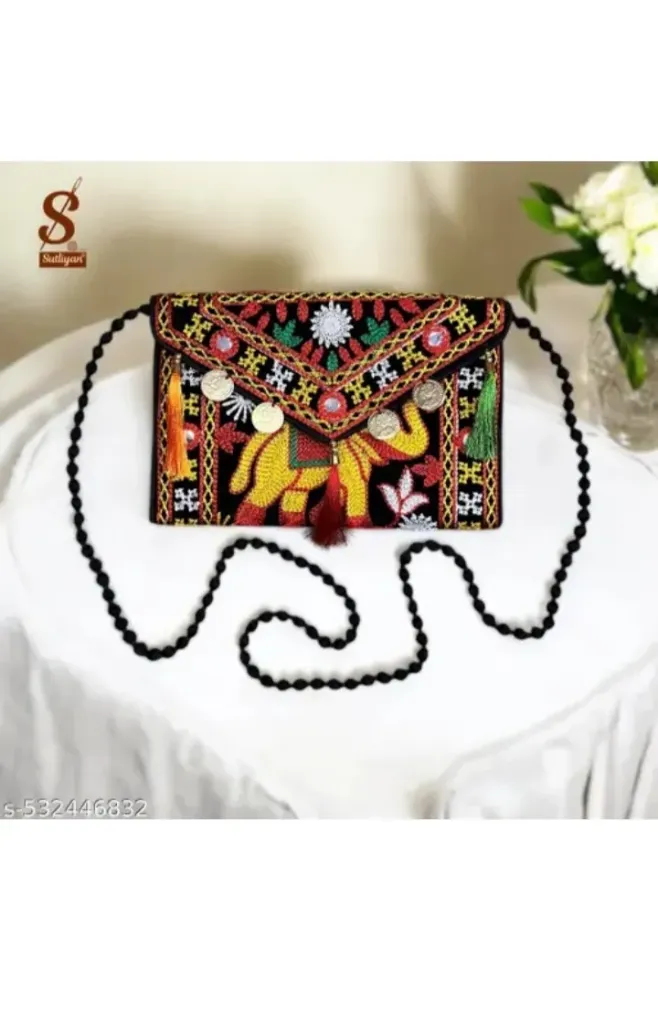 SUTLIYAN Women's Rajasthani Handmade Elephant Embroidery Small Black. s-532446832
