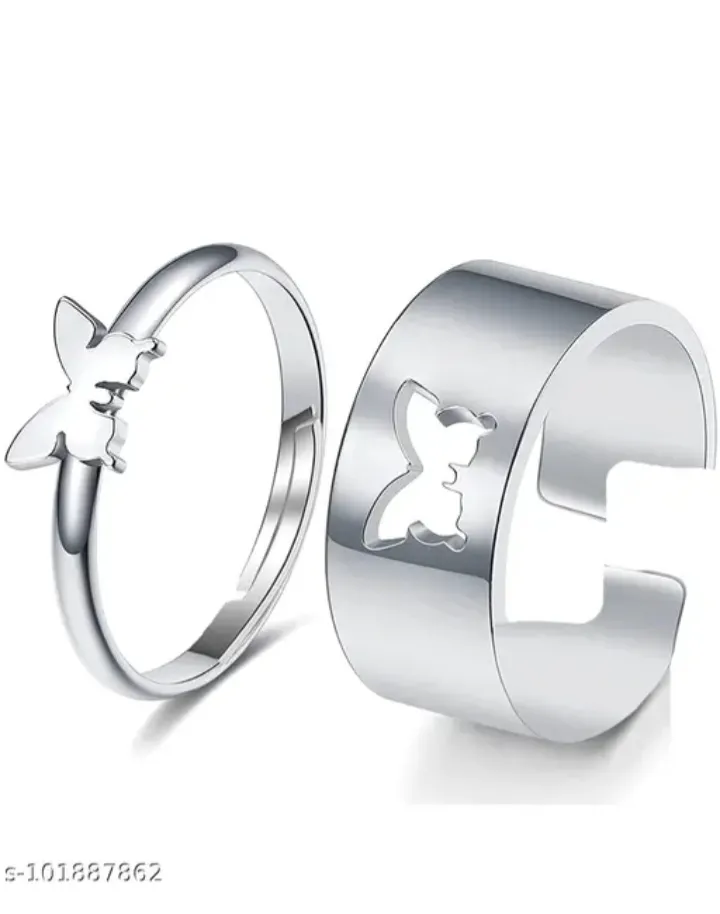 [s-101887862] Rhodium Plated CZ Jewelry Combo 2 Brass Metal Love Heart and Fluttering Butterfly Couple Rings with White CZ Stones for Men Women CO1000426
