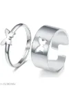 Rhodium Plated CZ Jewelry Combo 2 Brass Metal Love Heart and Fluttering Butterfly Couple Rings with White CZ Stones for Men Women CO1000426