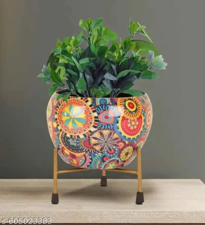 Jaipuri Printed Designer Metal Pot with Stand for Decoration Purpose. Table Top Pot, Enamel Printed Pot s-605023383