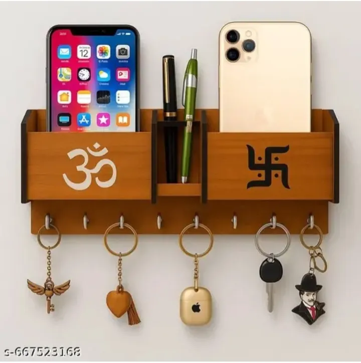 [S-667523168] Handmade wooden key holder with Om and Swastika | Comes with 8 hooks