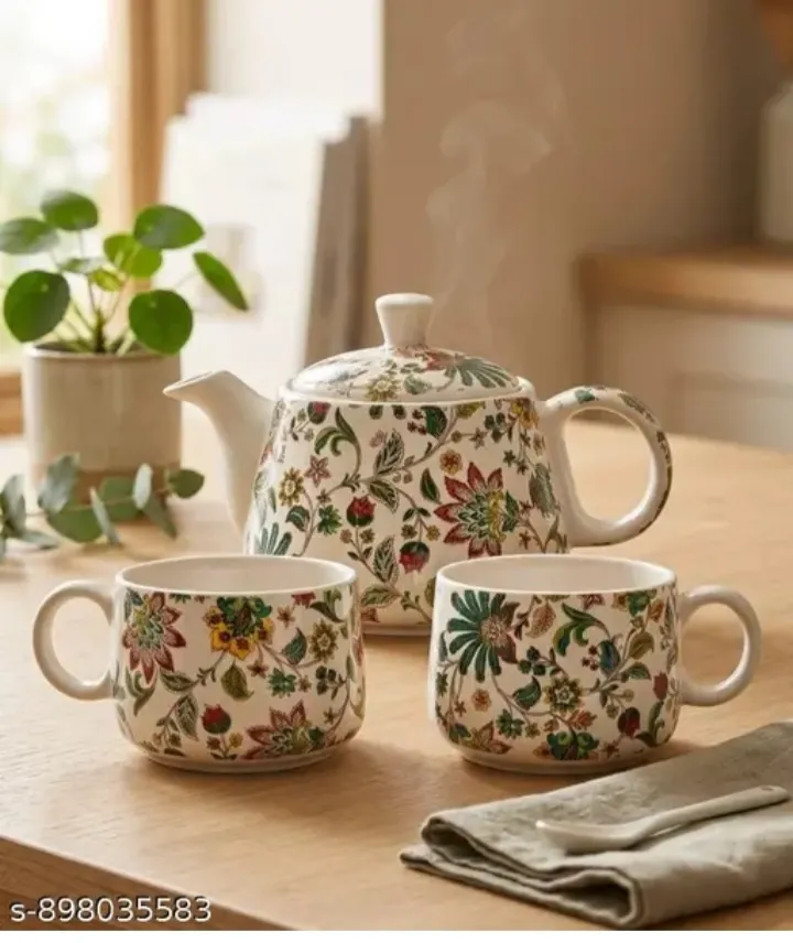 [s-898035583] Luxury Ceramic Tea Set with Teapot and 2 Cups | Hand Painted Kalamkari Flower