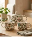 Luxury Ceramic Tea Set with Teapot and 2 Cups | Hand Painted Kalamkari Flower