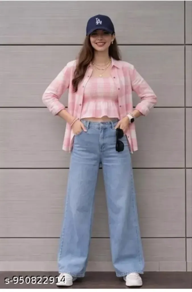 Women's Checked Crop Top with Long Sleeves, Casual Stylish Design Sh (S)