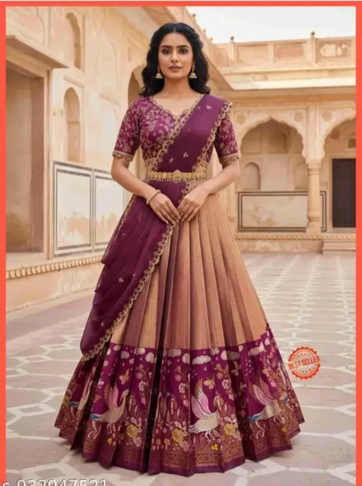 [S-932947521] Beautiful South Indian style half saree, embroidered blouse (Onion Pink and Purple)