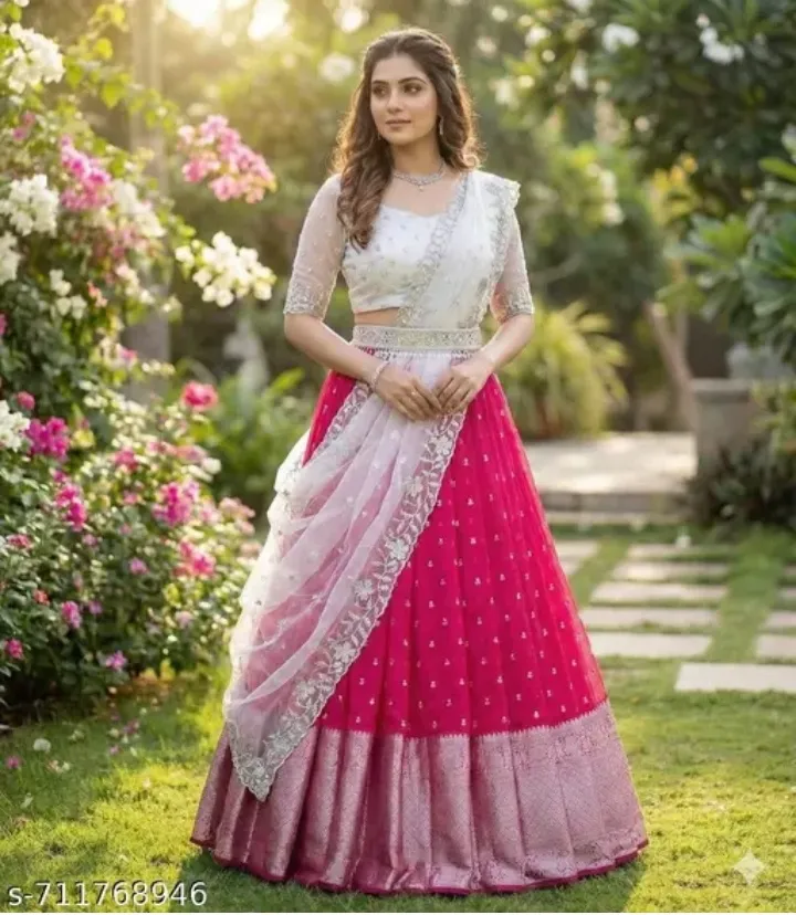Kanchiveeram Silk Zari Lehenga with Embroidered Net Dupatta with Blouse