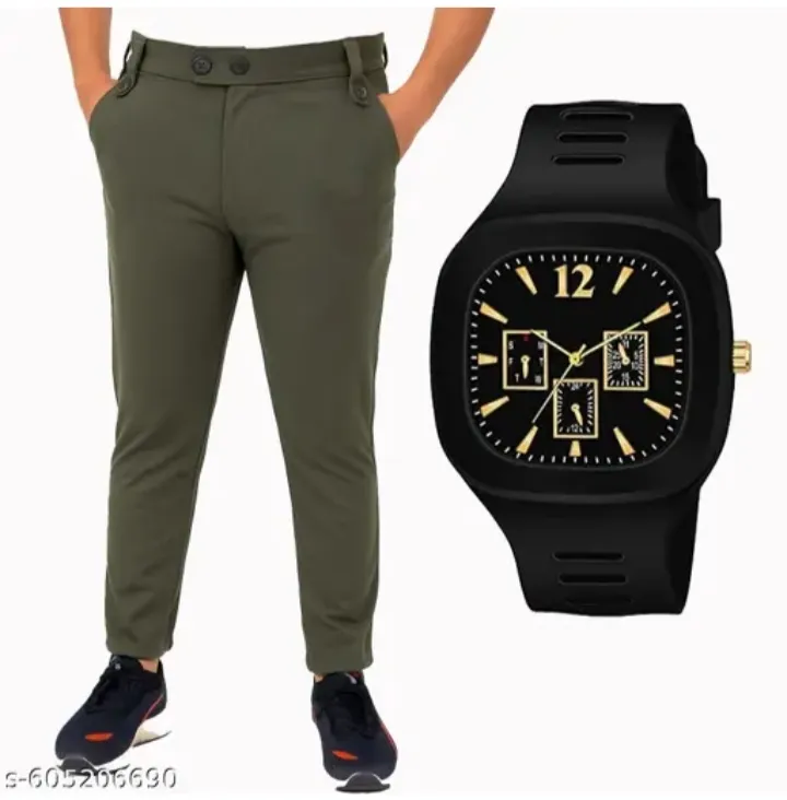 Men's Low Pants Track Pants { Casual Wear Track Pants \ Gym and Running Track Pants. Yoga Track Pants Stylish Track Pants. Very Comfortable Slim Fit Track Pants 1 Pack Olive Color with Watch.