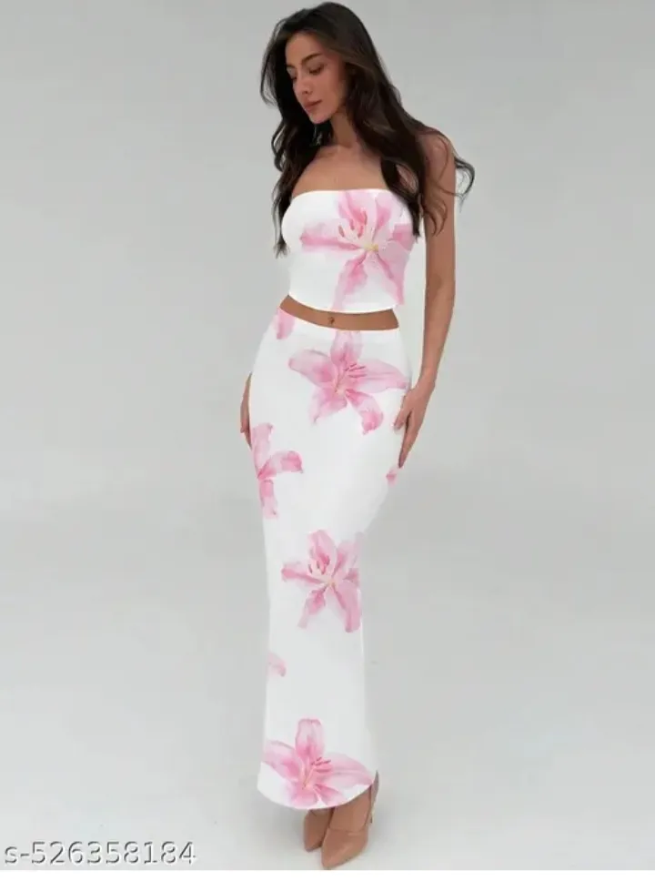 Women's White Floral Co-ord Set | Tube Top & Maxi Skirt | Summer...